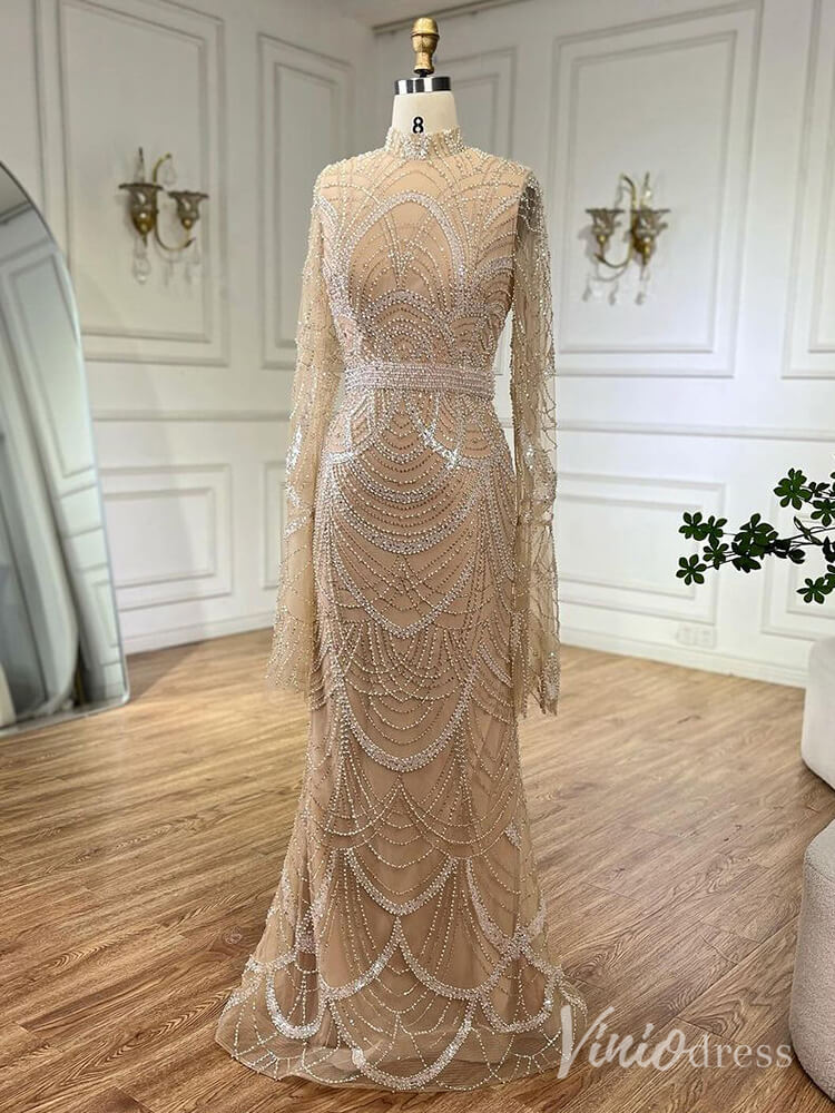 Beaded Sheath Long Sleeve Prom Dresses High Neck Pageant Dress AD1256-Evening Dresses 2025 -Viniodress-Black-US 2-