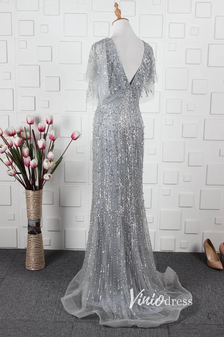 Beaded Sheath Mother of Bride Dress V-neck Prom Dresses FD2821-Evening Dresses 2025 -Viniodress-Gold-US 2-