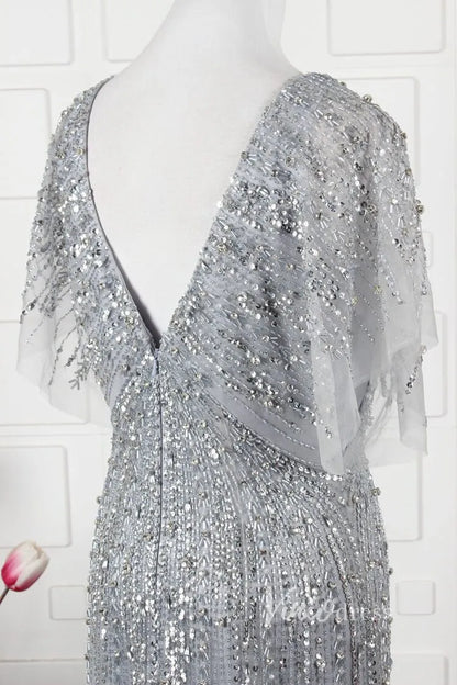 Beaded Sheath Mother of Bride Dress V-neck Prom Dresses FD2821-Evening Dresses 2025 -Viniodress-Gold-US 2-