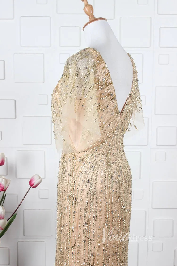 Beaded Sheath Mother of Bride Dress V-neck Prom Dresses FD2821-Evening Dresses 2025 -Viniodress-Gold-US 2-
