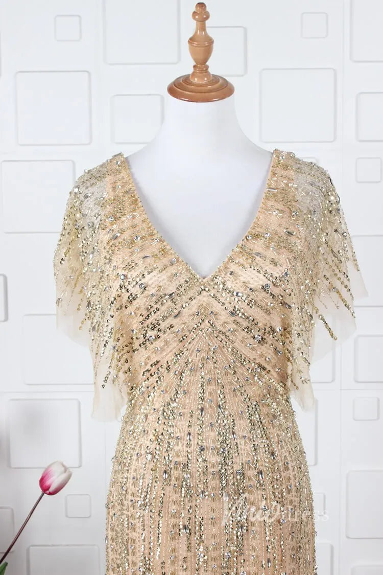 Beaded Sheath Mother of Bride Dress V-neck Prom Dresses FD2821-Evening Dresses 2025 -Viniodress-Gold-US 2-