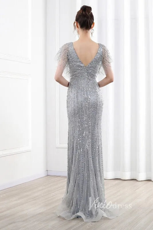 Beaded Sheath Mother of Bride Dress V-neck Prom Dresses FD2821-Evening Dresses 2025 -Viniodress-Gold-US 2-