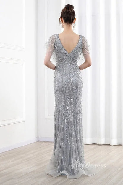 Beaded Sheath Mother of Bride Dress V-neck Prom Dresses FD2821-Evening Dresses 2025 -Viniodress-Gold-US 2-