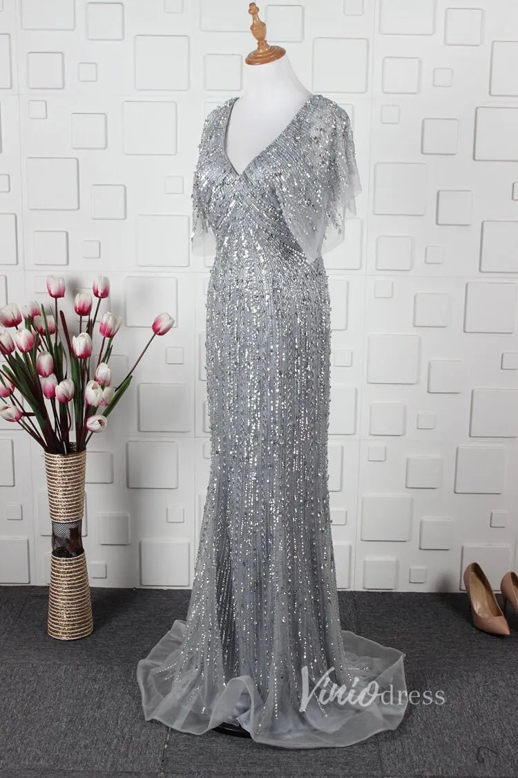 Beaded Sheath Mother of Bride Dress V-neck Prom Dresses FD2821-Evening Dresses 2025 -Viniodress-Gold-US 2-