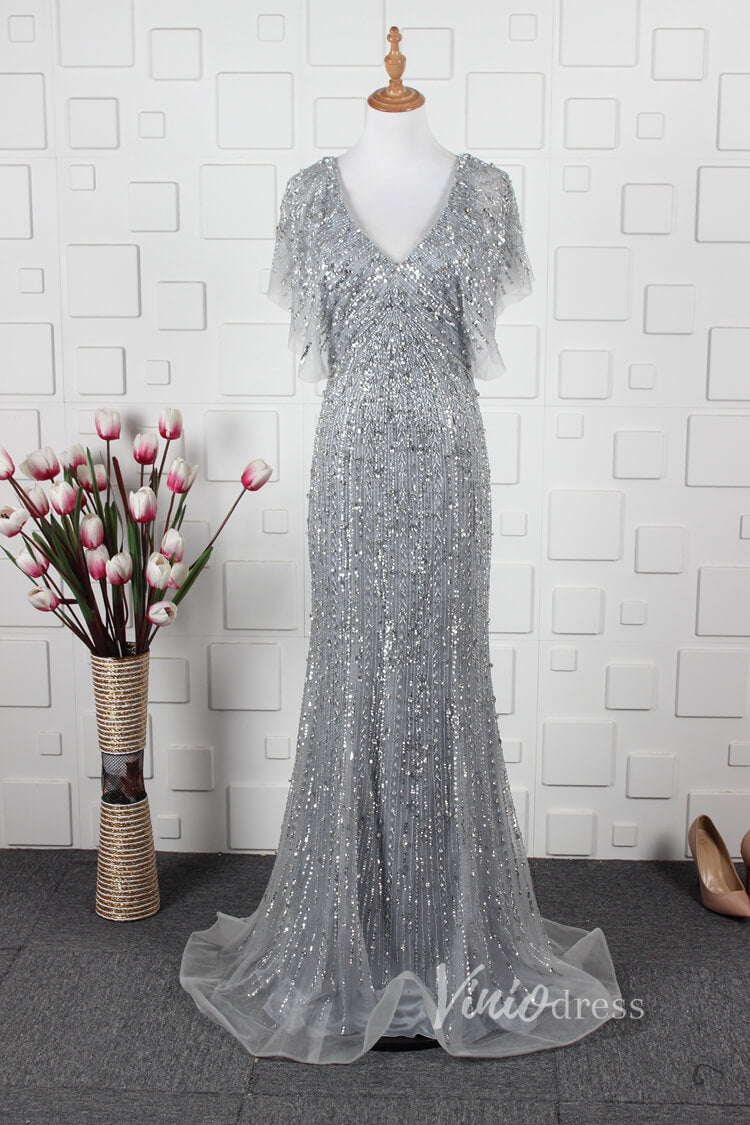 Prom Dress 2025 Beaded Sheath Mother of Bride Dress V-neck Prom Dresses FD2821-unique prom dresses-Grey-US 2-Viniodress