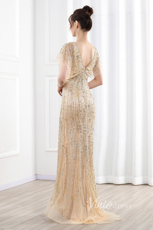 Prom Dress 2025 Beaded Sheath Mother of Bride Dress V-neck Prom Dresses FD2821-unique prom dresses-Gold-US 2-Viniodress