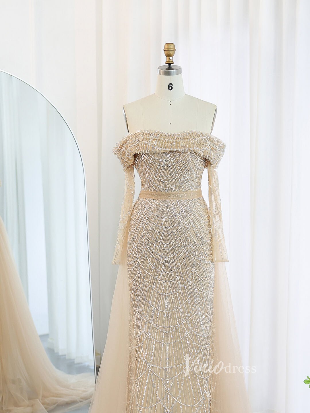 Beaded Sheath Off the Shoulder Prom Dresses Overskirt Long Sleeve Pageant Dress AD1172-Evening Dresses 2025 -Viniodress-Champagne-US 2-