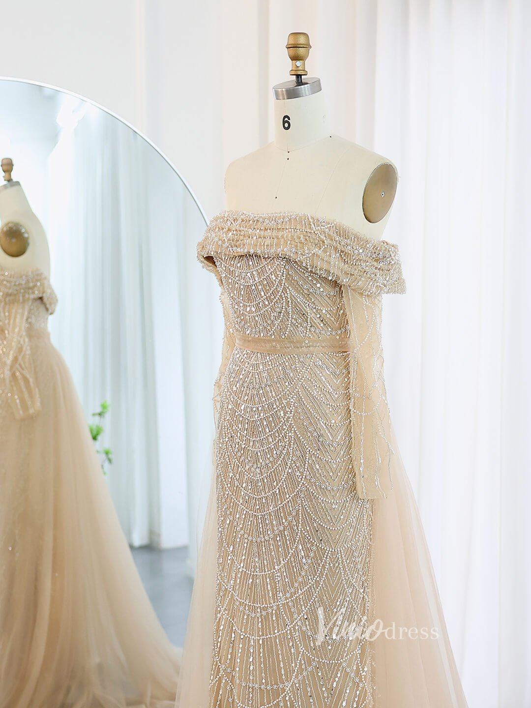 Beaded Sheath Off the Shoulder Prom Dresses Overskirt Long Sleeve Pageant Dress AD1172-Evening Dresses 2025 -Viniodress-Champagne-US 2-