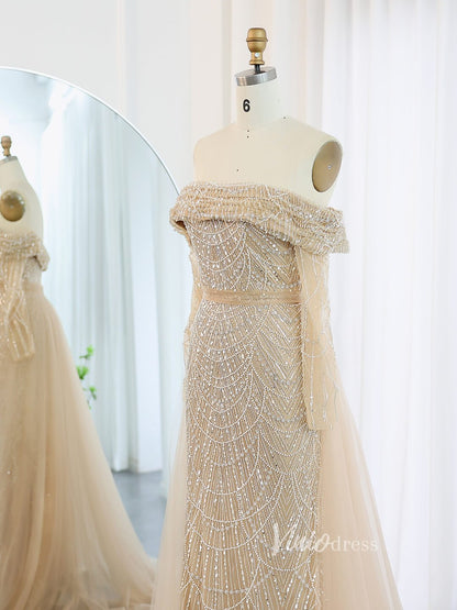 Beaded Sheath Off the Shoulder Prom Dresses Overskirt Long Sleeve Pageant Dress AD1172-Evening Dresses 2025 -Viniodress-Champagne-US 2-