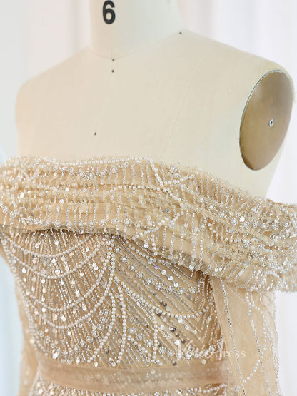 Beaded Sheath Off the Shoulder Prom Dresses Overskirt Long Sleeve Pageant Dress AD1172-Evening Dresses 2025 -Viniodress-Champagne-US 2-