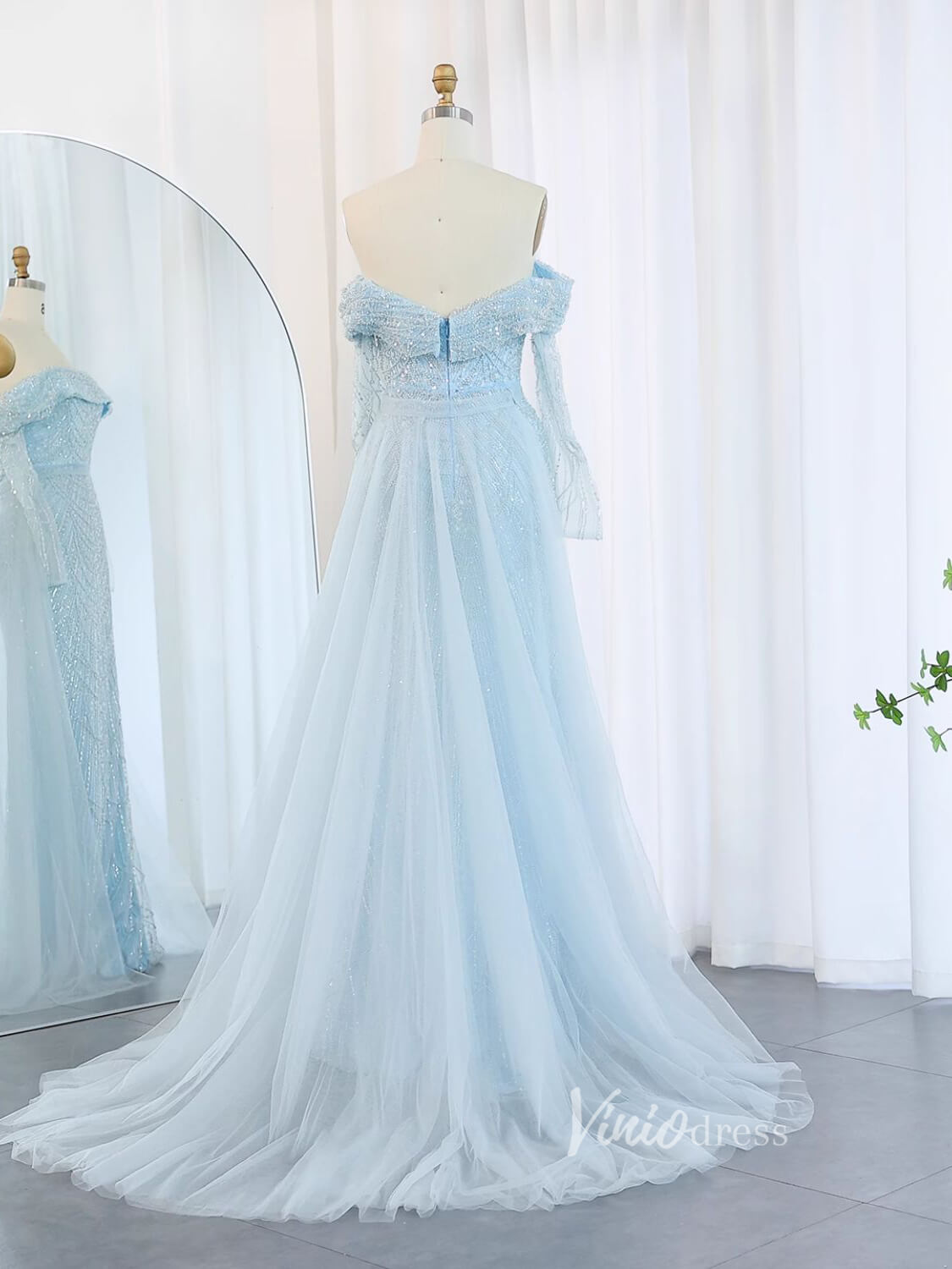 Beaded Sheath Off the Shoulder Prom Dresses Overskirt Long Sleeve Pageant Dress AD1172-Evening Dresses 2025 -Viniodress-Champagne-US 2-