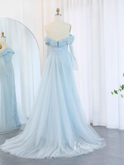 Beaded Sheath Off the Shoulder Prom Dresses Overskirt Long Sleeve Pageant Dress AD1172-Evening Dresses 2025 -Viniodress-Champagne-US 2-