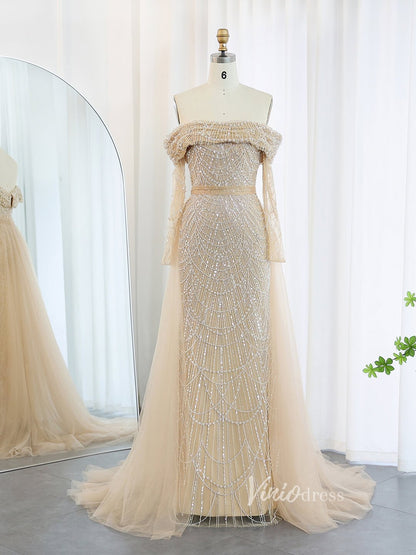 Beaded Sheath Off the Shoulder Prom Dresses Overskirt Long Sleeve Pageant Dress AD1172-Evening Dresses 2025 -Viniodress-Champagne-US 2-