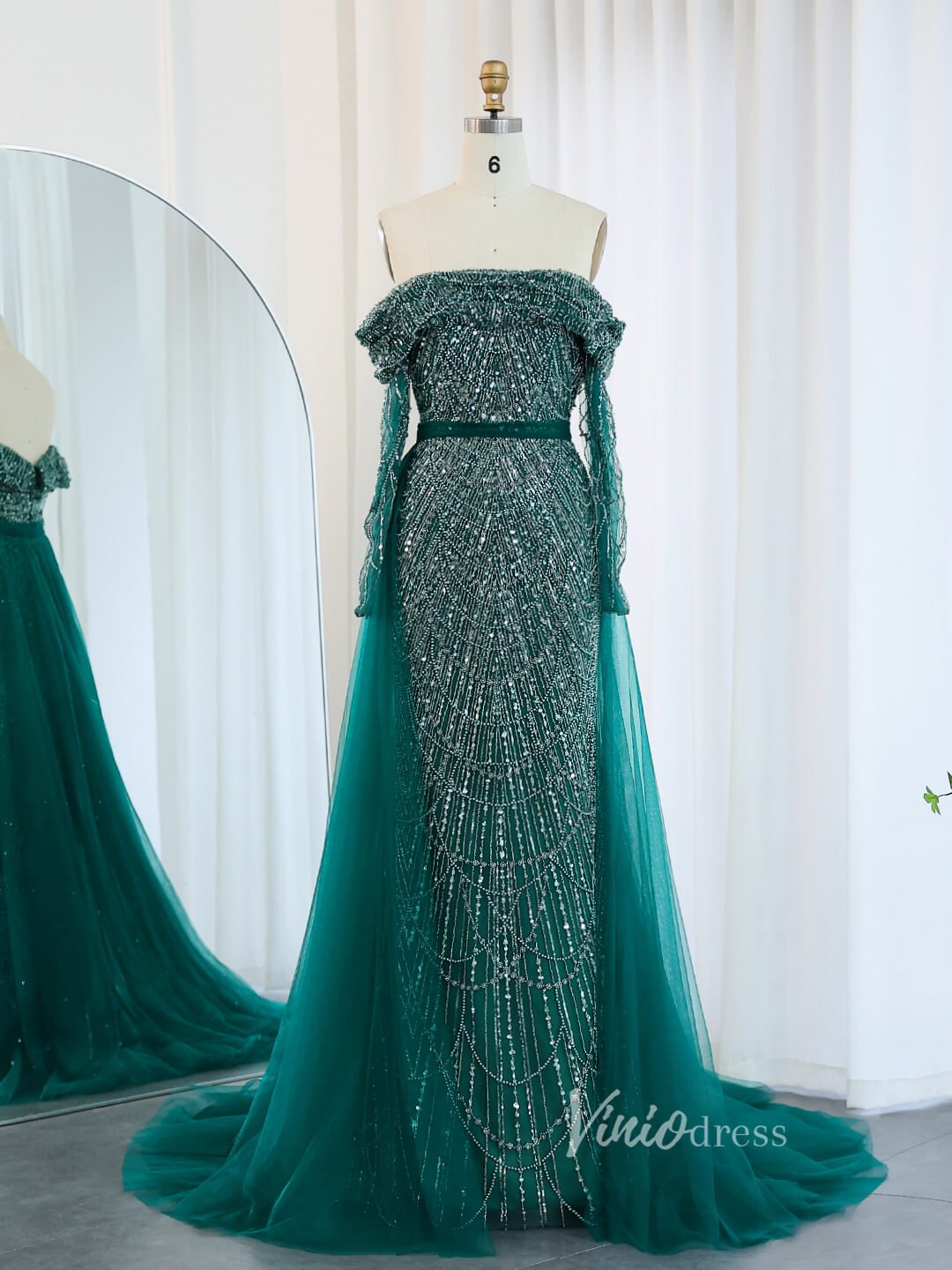 Beaded Sheath Off the Shoulder Prom Dresses Overskirt Long Sleeve Pageant Dress AD1172-Evening Dresses 2025 -Viniodress-Green-US 2-