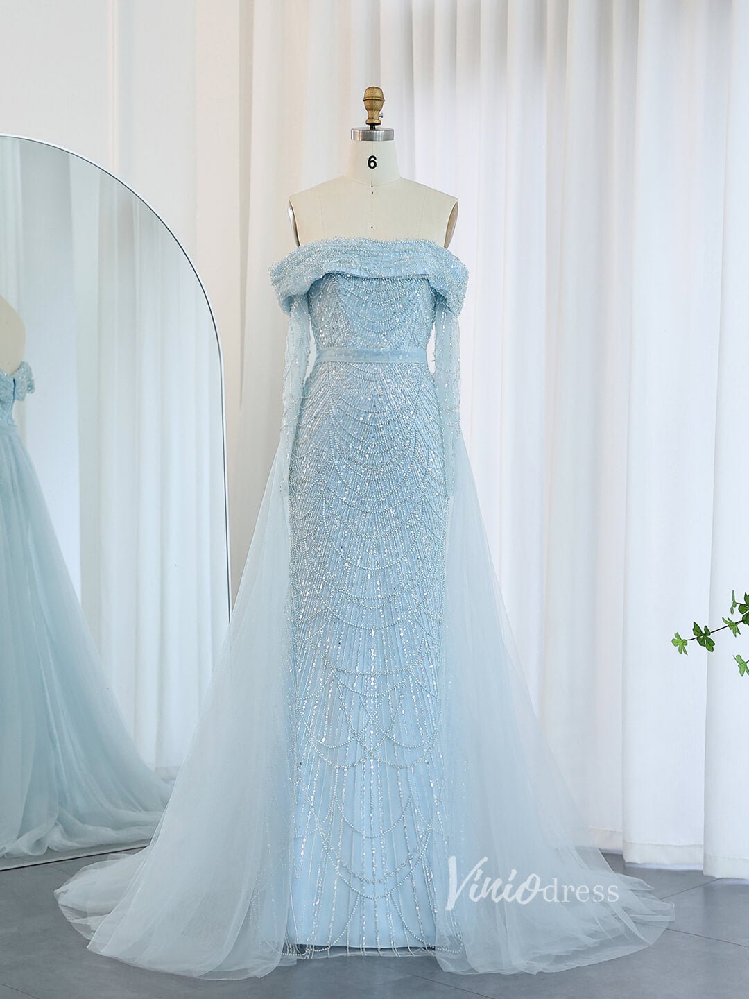 Beaded Sheath Off the Shoulder Prom Dresses Overskirt Long Sleeve Pageant Dress AD1172-Evening Dresses 2025 -Viniodress-Light Blue-US 2-