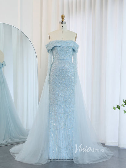 Beaded Sheath Off the Shoulder Prom Dresses Overskirt Long Sleeve Pageant Dress AD1172-Evening Dresses 2025 -Viniodress-Light Blue-US 2-