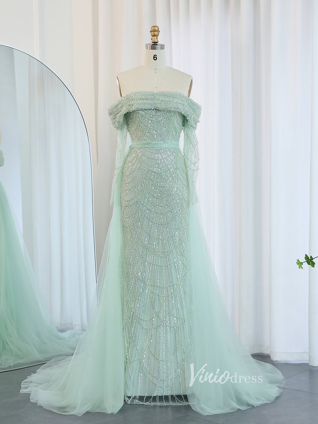 Beaded Sheath Off the Shoulder Prom Dresses Overskirt Long Sleeve Pageant Dress AD1172-Evening Dresses 2025 -Viniodress-Light Green-US 2-