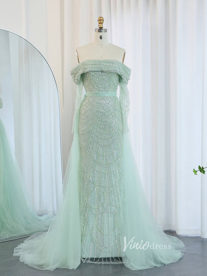 Beaded Sheath Off the Shoulder Prom Dresses Overskirt Long Sleeve Pageant Dress AD1172-Evening Dresses 2025 -Viniodress-Light Green-US 2-