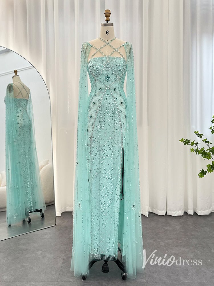 Beaded Sheath Wedding Guest Evening Dresses Extra Long Sleeve Pageant Dress AD1149-Evening Dresses 2025 -Viniodress-Aqua-US 2-