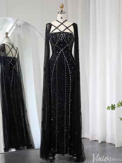 Beaded Sheath Wedding Guest Evening Dresses Extra Long Sleeve Pageant Dress AD1149-Evening Dresses 2025 -Viniodress-Black-US 2-