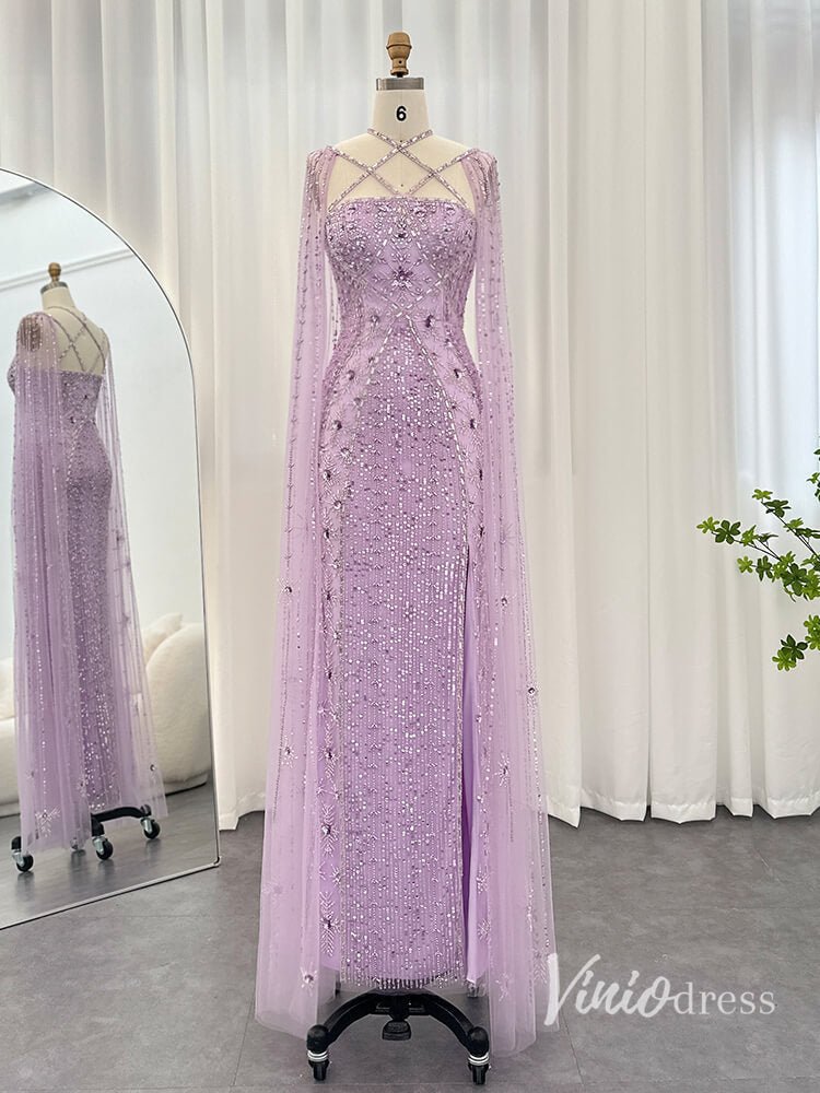 Beaded Sheath Wedding Guest Evening Dresses Extra Long Sleeve Pageant Dress AD1149-Evening Dresses 2025 -Viniodress-Lilac-US 2-