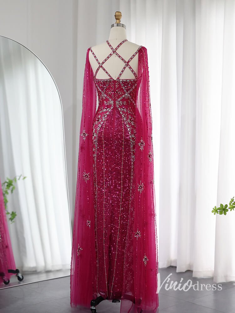 Beaded Sheath Wedding Guest Evening Dresses Extra Long Sleeve Pageant Dress AD1149-Evening Dresses 2025 -Viniodress-Magenta-US 2-