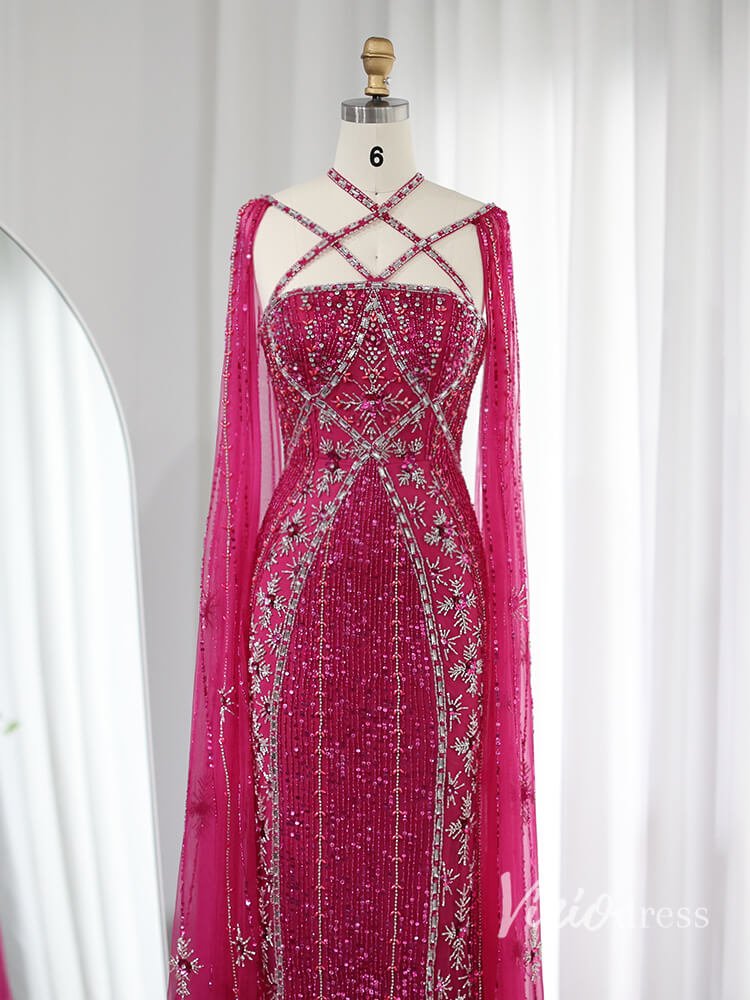 Beaded Sheath Wedding Guest Evening Dresses Extra Long Sleeve Pageant Dress AD1149-Evening Dresses 2025 -Viniodress-Magenta-US 2-