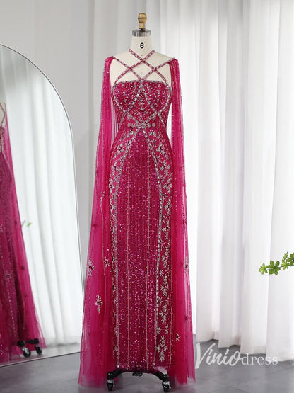 Beaded Sheath Wedding Guest Evening Dresses Extra Long Sleeve Pageant Dress AD1149-Evening Dresses 2025 -Viniodress-Magenta-US 2-