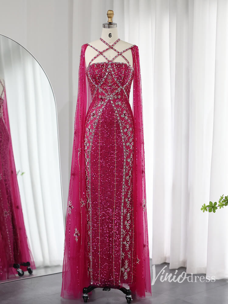 Prom Dress 2025 Beaded Sheath Wedding Guest Evening Dresses Extra Long Sleeve Pageant Dress AD1149-unique prom dresses-Magenta-US 2-Viniodress