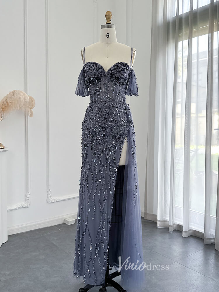 Beaded Shimmer Prom Dresses with Slit Spaghetti Strap 20s Evening Dress 20075-Evening Dresses 2025 -Viniodress-Grey-US 2-