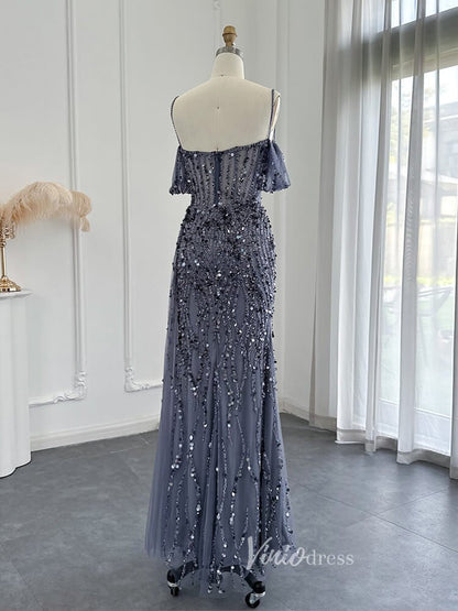 Beaded Shimmer Prom Dresses with Slit Spaghetti Strap 20s Evening Dress 20075-Evening Dresses 2025 -Viniodress-Pink-US 2-