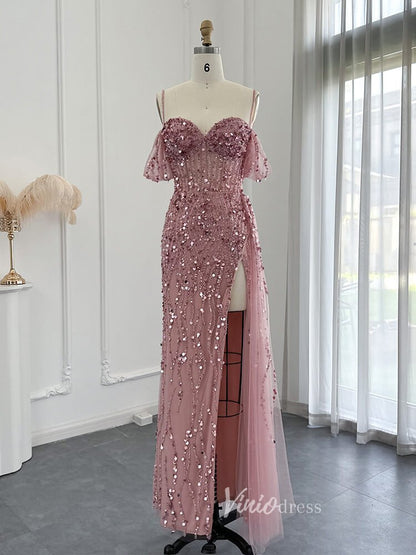 Beaded Shimmer Prom Dresses with Slit Spaghetti Strap 20s Evening Dress 20075-Evening Dresses 2025 -Viniodress-Pink-US 2-