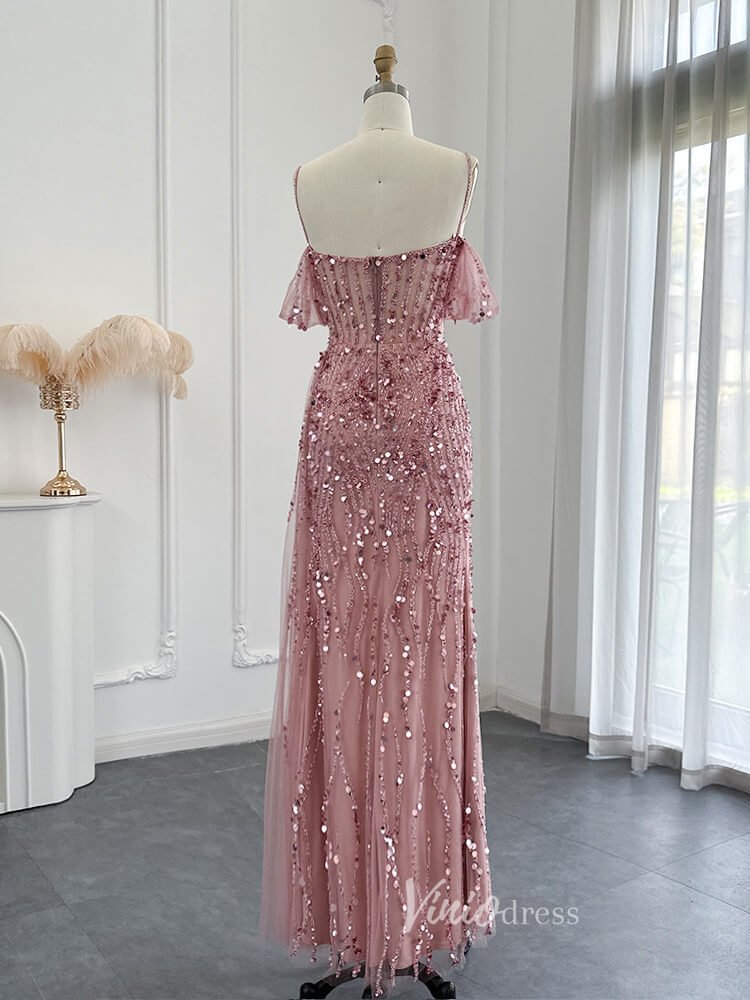 Beaded Shimmer Prom Dresses with Slit Spaghetti Strap 20s Evening Dress 20075-Evening Dresses 2025 -Viniodress-Pink-US 2-