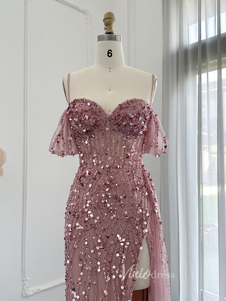 Beaded Shimmer Prom Dresses with Slit Spaghetti Strap 20s Evening Dress 20075-Evening Dresses 2025 -Viniodress-Pink-US 2-