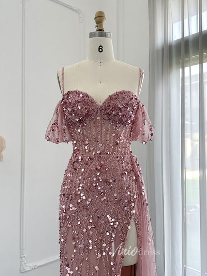 Beaded Shimmer Prom Dresses with Slit Spaghetti Strap 20s Evening Dress 20075-Evening Dresses 2025 -Viniodress-Pink-US 2-