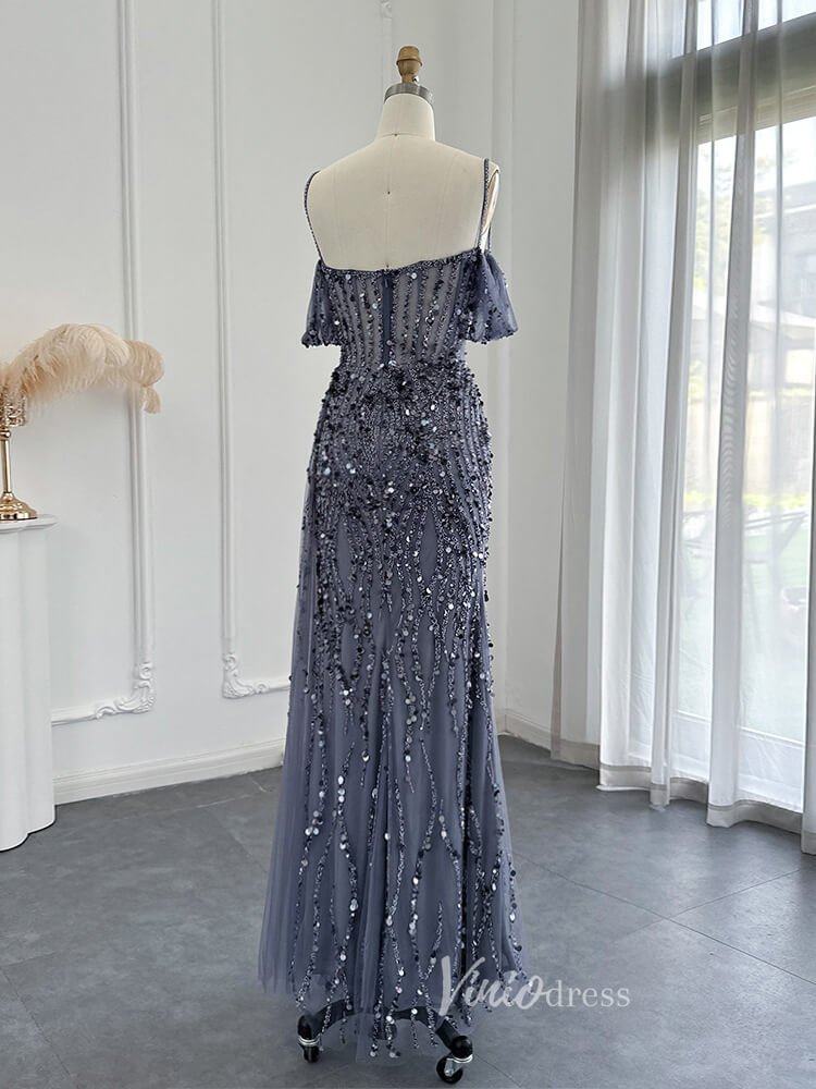 Beaded Shimmer Prom Dresses with Slit Spaghetti Strap 20s Evening Dress 20075-Evening Dresses 2025 -Viniodress-Pink-US 2-