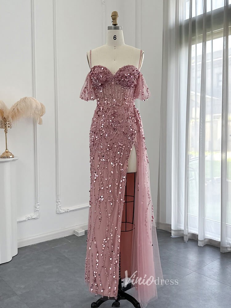 Beaded Shimmer Prom Dresses with Slit Spaghetti Strap 20s Evening Dress 20075-Evening Dresses 2025 -Viniodress-Pink-US 2-