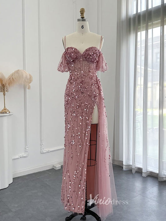 Beaded Shimmer Prom Dresses with Slit Spaghetti Strap 20s Evening Dress 20075-Evening Dresses 2025 -Viniodress-Pink-US 2-