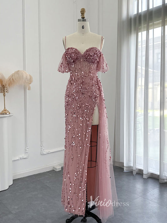 Prom Dress 2025 Beaded Shimmer Prom Dresses with Slit Spaghetti Strap 20s Evening Dress 20075-unique prom dresses-Pink-US 2-Viniodress