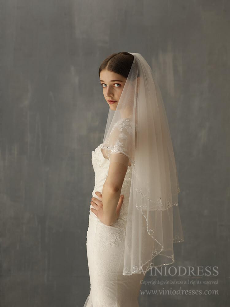 Beaded Short Blusher Veil Elegant Bridal Veils AC1244-Bridal Veil 2025 -Viniodress-Ivory-