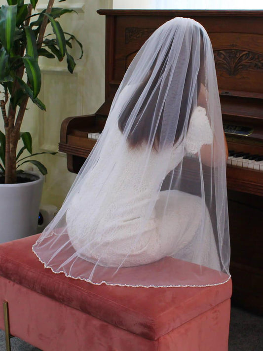 Beaded Short Bridal Veils Fingertip Length V684-Bridal Veil 2025 -Viniodress-Ivory-