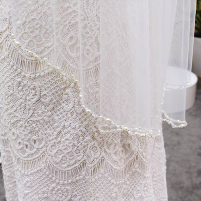 Beaded Short Bridal Veils Fingertip Length V684-Bridal Veil 2025 -Viniodress-Ivory-