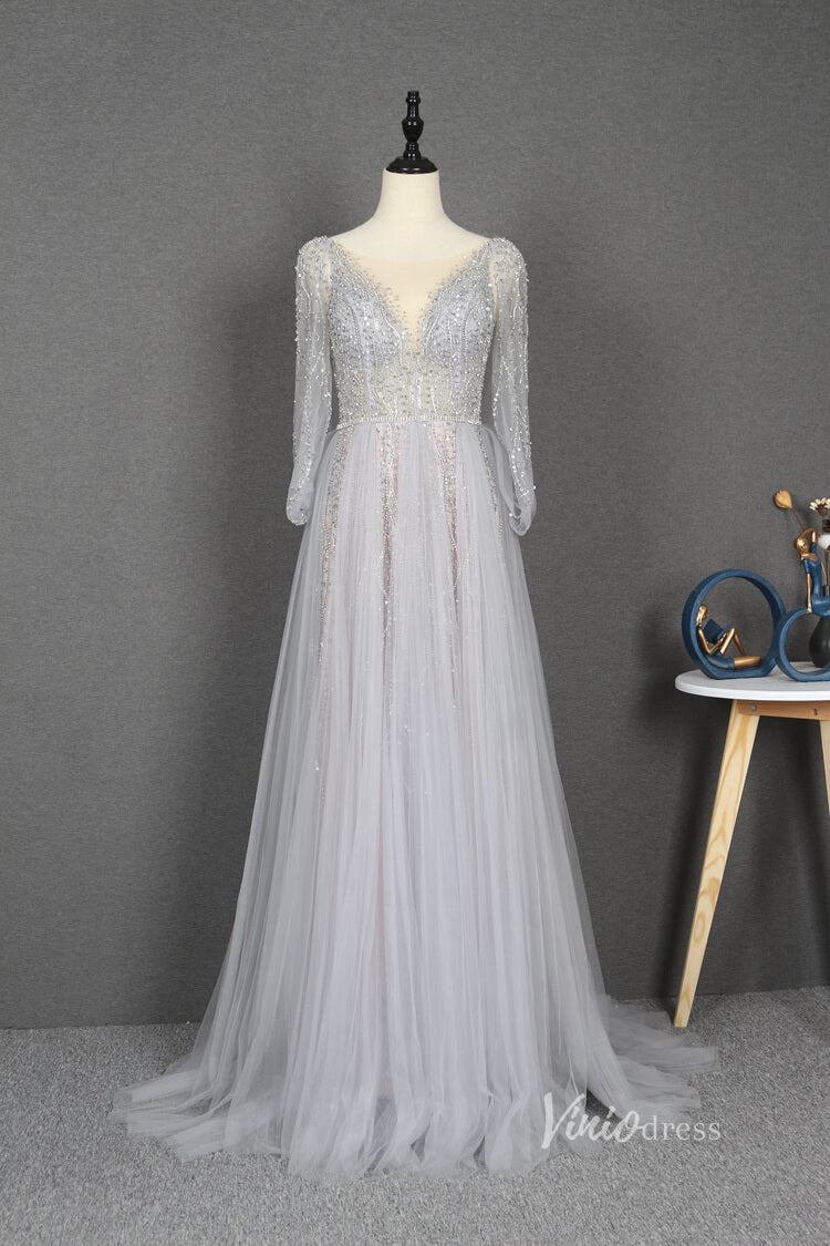 Beaded Silver Prom Dresses Batwing Sleeve A-line Formal Dress FD2381-prom dresses-Viniodress-Silver-US 2-Viniodress