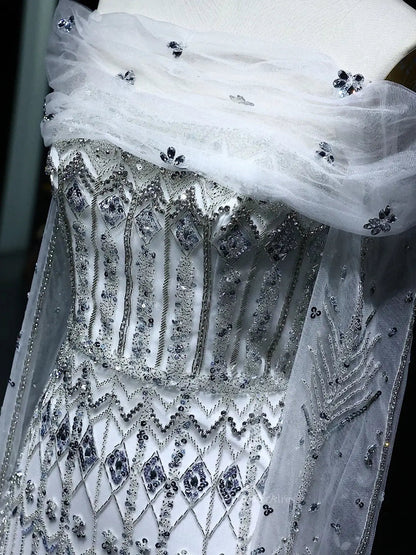 Beaded Silver Prom Dresses Convertible Sleeve Formal Dresses BD022-Evening Dresses 2025 -Viniodress-Long-Silver-US 2