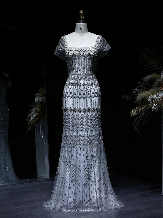 Beaded Silver Prom Dresses Convertible Sleeve Formal Dresses BD022-Evening Dresses 2025 -Viniodress-Long-Silver-US 2