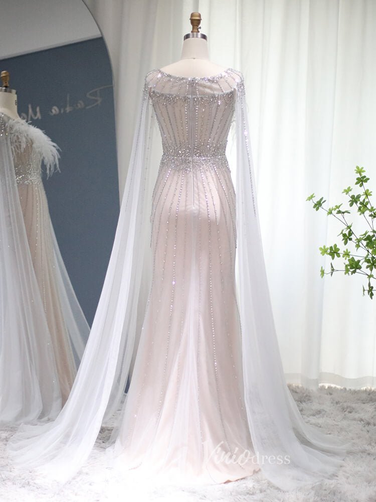Beaded Silver Sheath Evening Dress Cape Sleeve Feather Prom Dresses 20091-Evening Dresses 2025 -Viniodress-Silver-US 2-