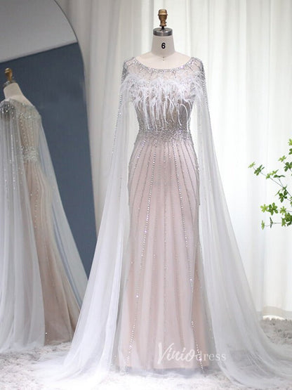 Beaded Silver Sheath Evening Dress Cape Sleeve Feather Prom Dresses 20091-Evening Dresses 2025 -Viniodress-Silver-US 2-
