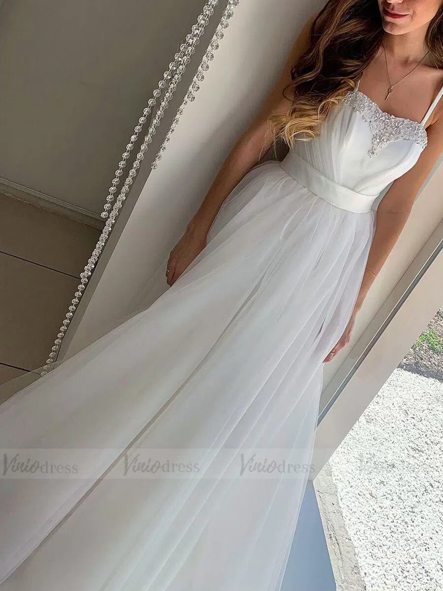 Beaded Spaghetti Strap Beach Wedding Dresses Cheap Tulle Bridal Dress VW1354-wedding dresses-Viniodress-Viniodress