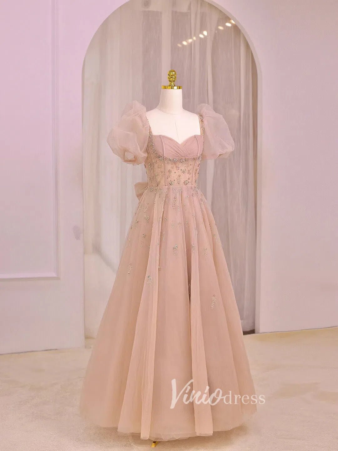 Beaded Sparkly Pink Prom Dresses Puffed Sleeve Princess Dress 20013-Evening Dresses 2025 -Viniodress-Pink-US 2-
