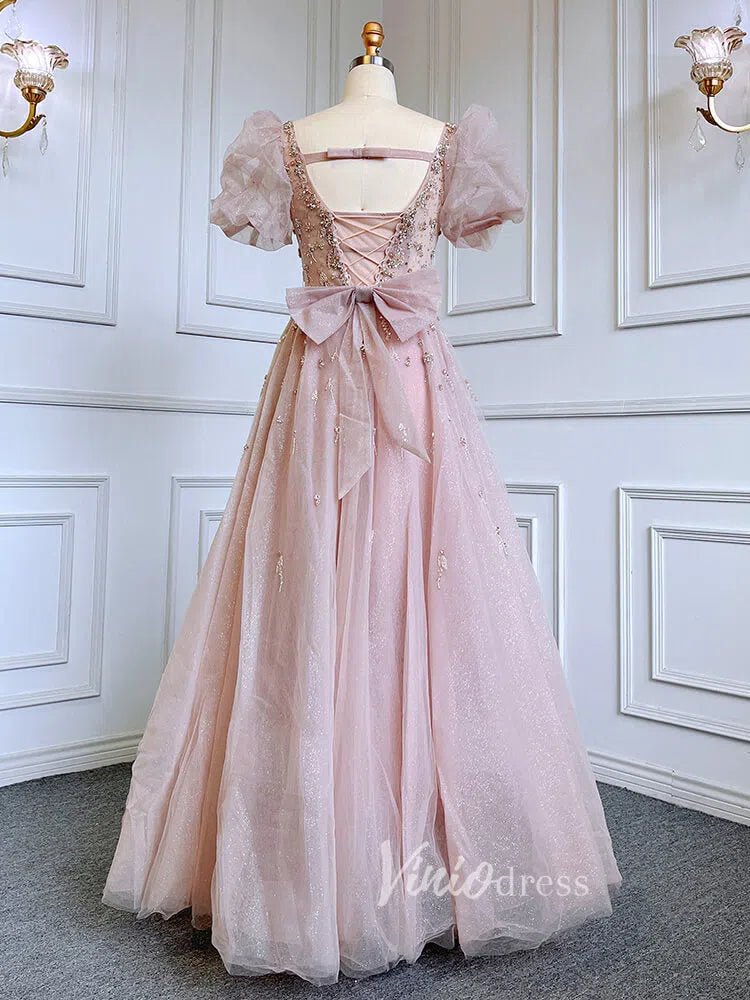 Beaded Sparkly Pink Prom Dresses Puffed Sleeve Princess Dress 20013-Evening Dresses 2025 -Viniodress-Pink-US 2-